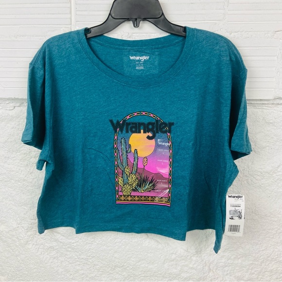 NWT WRANGLER turquoise desert cactus western half cropped shirt size large - Picture 1 of 12